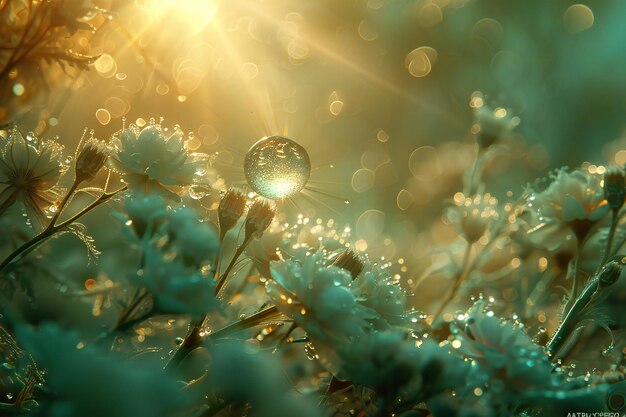 A water droplet on a plant with sunlight surrounding it