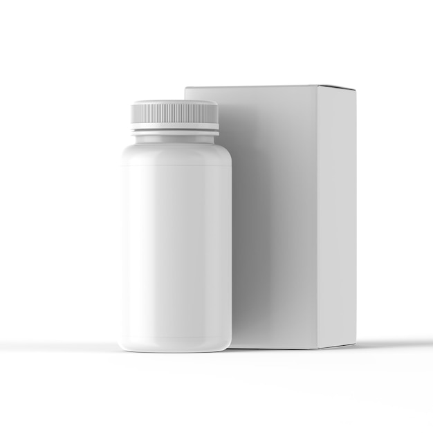 A white medicine bottle with a white lid and a white box.