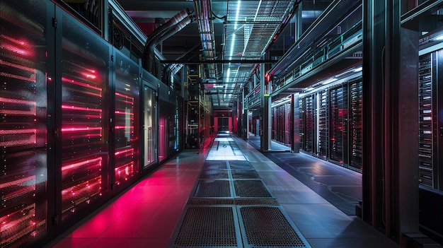 A wideangle view of a server room at night with the server racks bathed in the soft glow of LED li