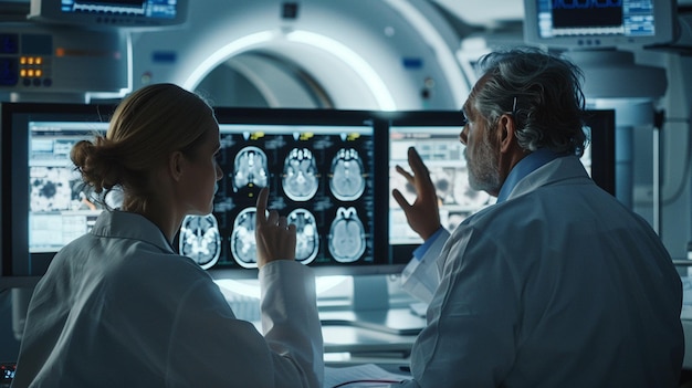 a woman and a man looking at a monitor with the brain in the background