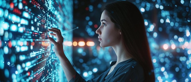 a woman standing in front of a wall of numbers