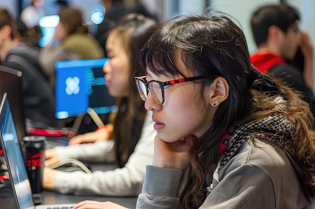 A woman with glasses is looking at a laptop