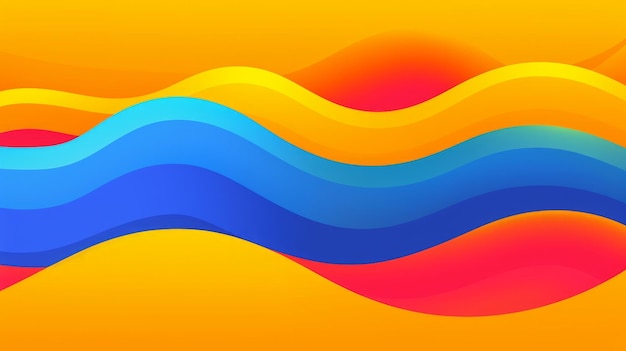 A yellow background with a blue and orange wave design.
