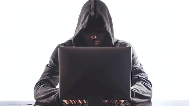 A young male wearing a black hoodie and sunglasses sits in front of a laptop computer
