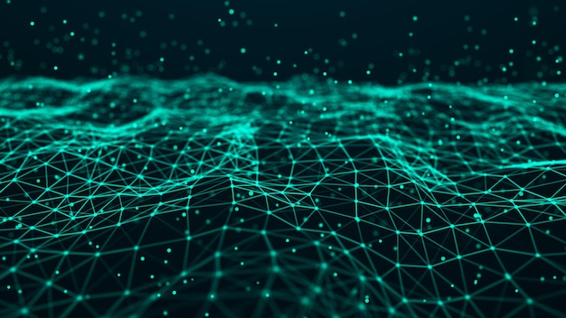 Aaltoileva hiukkasrakenne. Futuristinen sinisten pisteiden tausta ja dynaaminen aalto. Big data 3d-renderöidä.