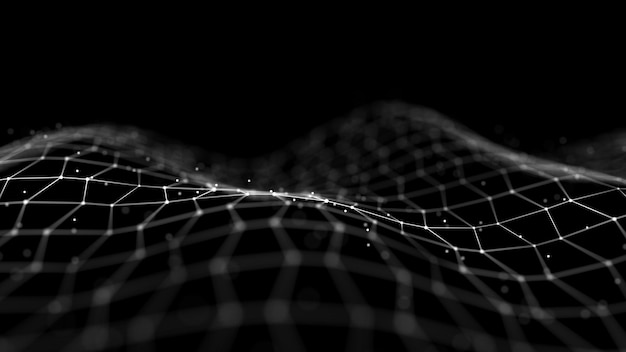 Aaltoileva limittäisten pisteiden ja viivojen muodostama abstrakti tausta. Teknologinen tyyli. Big data 3d-renderöidä.