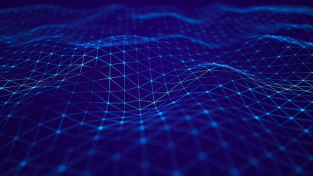 Aaltoileva limittäisten pisteiden ja viivojen muodostama abstrakti tausta. Teknologinen tyyli. Big data 3d-renderöidä.