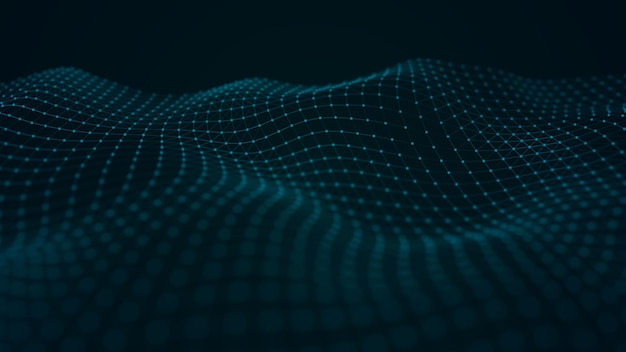 Aaltoileva limittäisten pisteiden ja viivojen muodostama abstrakti tausta. Teknologinen tyyli. Big data 3d-renderöidä.