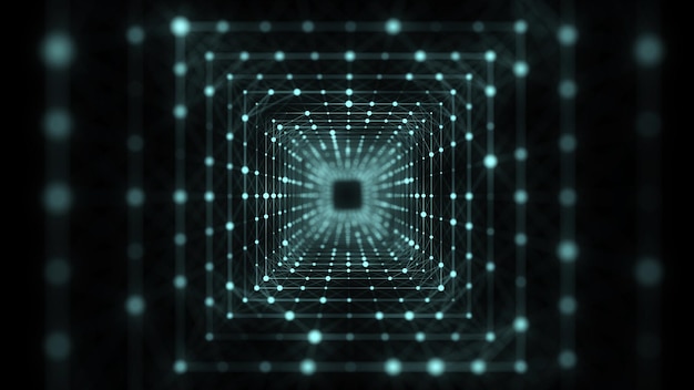 Abstract 3d portal Square tunnel or wormhole Digital background with connected green dots 3d rendering