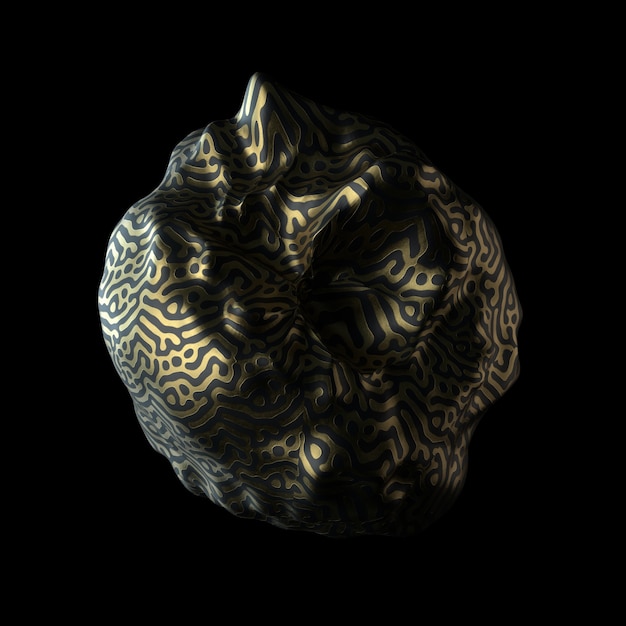 Abstract 3d render of deformed geometry. Golden pattern. Modern element. Sphere shape.