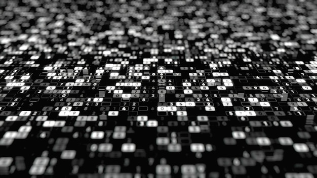 Abstract animation of columns with white digits changing their values on the black background