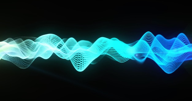 Abstract background blue wave from futuristic hitech waves dots pixel particles flying with glow