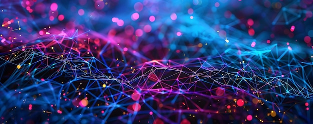 Abstract Background with Blue and Pink Lines and Glowing Particles