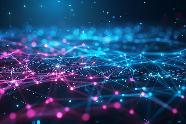 Abstract background with glowing blue and pink lines on dark background digital mesh of interconnec
