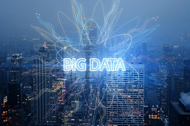 Abstract big data waves on blurry city background Technology AI and future concept Double exposure