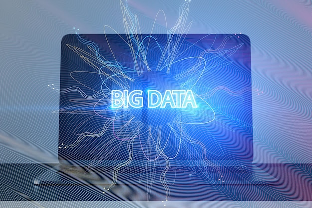 Abstract big data waves on laptop screen Technology AI and future concept Double exposure