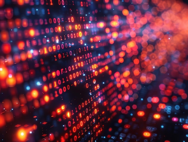 Abstract Binary Code with Red and Blue Glowing Lights