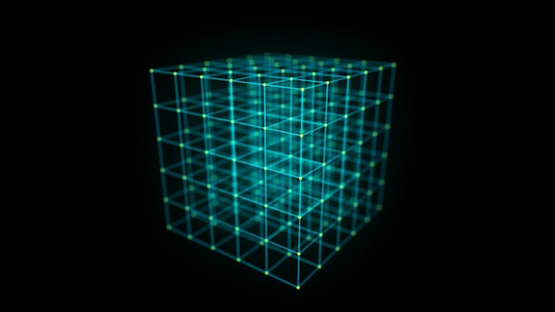 abstract blue cube on black background wireframe square structure with glowing particles and lines futuristic digital illustration 3d rendering