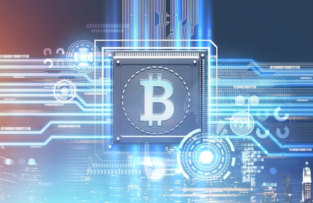 abstract blue red background with a processor on it. concept of modern technologies and information. a bitcoin symbol, hud, and infographics 3d rendering mock up toned image