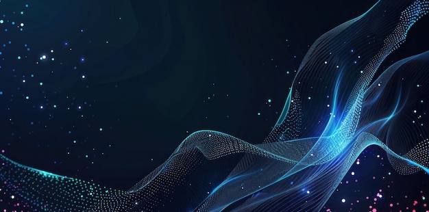 Abstract blue wave background with glowing particles and light trails creating a dynamic and futuristic atmosphere