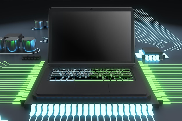 abstract circuit built in empty notebook screen on green hardware background technology software and equipment concept mock up 3d rendering