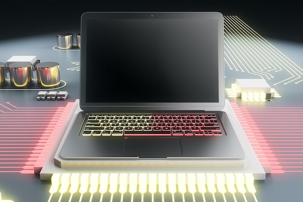 abstract circuit built in empty notebook screen on silver and pink hardware background technology software and equipment concept mock up 3d rendering