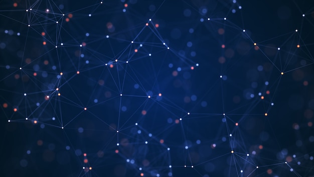 Abstract connected dots and lines on blue background. Communication and technology network concept with moving lines and dots.