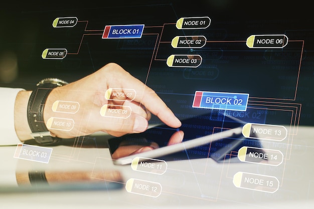 Abstract creative coding concept with finger clicks on a digital tablet on background Multiexposure