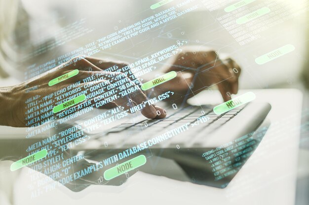 Abstract creative coding concept with hands typing on laptop on background Multiexposure