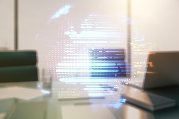 Abstract creative coding concept with world map and modern desktop with computer on background Multiexposure