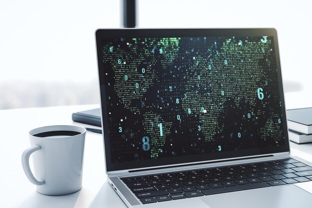 Abstract creative coding concept with world map on modern laptop screen 3D Rendering