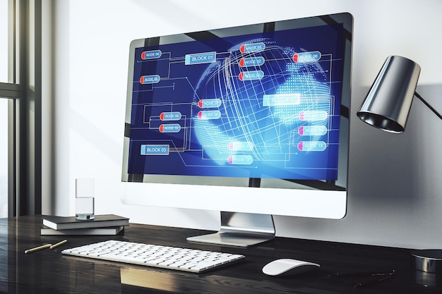 Abstract creative coding concept with world map on modern laptop screen 3D Rendering