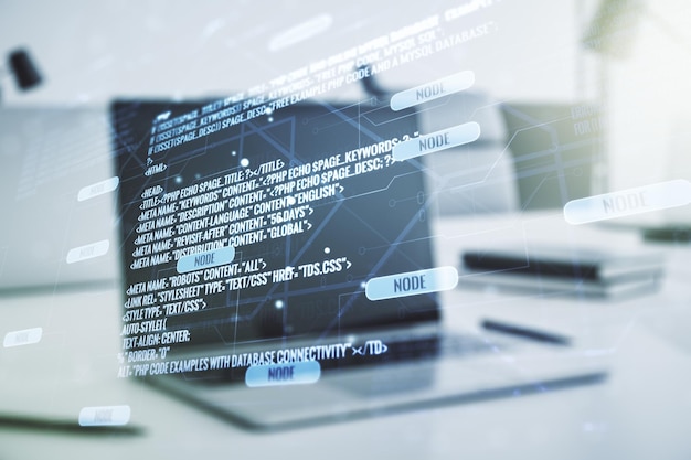 Abstract creative coding illustration on modern computer background software development concept Multiexposure