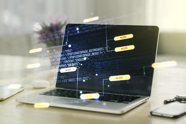 abstract creative coding illustration on modern computer background software development concept multiexposure