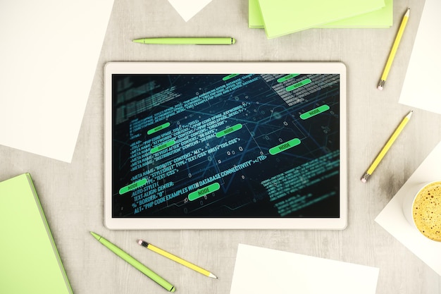 Abstract creative coding illustration on modern digital tablet display software development concept Top view 3D Rendering