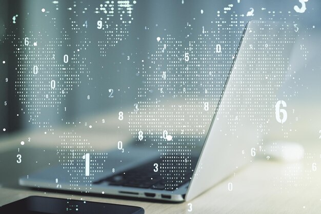 Abstract creative coding illustration with world map on modern computer background international software development concept Multiexposure