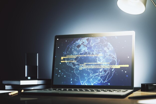 Abstract creative coding illustration with world map on modern computer monitor international software development concept 3D Rendering