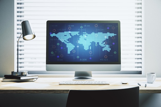 Abstract creative digital world map on modern laptop monitor tourism and traveling concept 3D Rendering