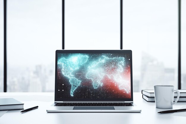 Abstract creative digital world map on modern laptop monitor tourism and traveling concept 3D Rendering