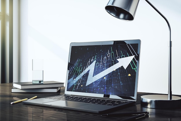 Abstract creative financial diagram with upward arrow on modern computer monitor growth and development concept 3D Rendering