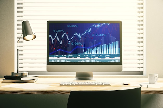 Abstract creative financial graph on modern laptop monitor forex and investment concept 3D Rendering