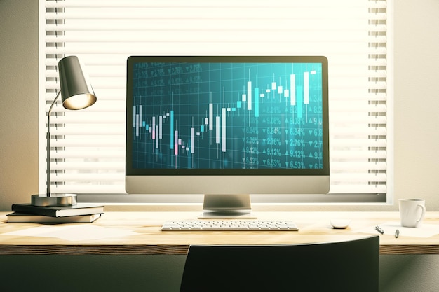 Abstract creative financial graph on modern laptop monitor forex and investment concept 3D Rendering