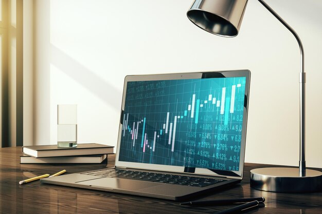 Abstract creative financial graph on modern laptop screen forex and investment concept 3D Rendering