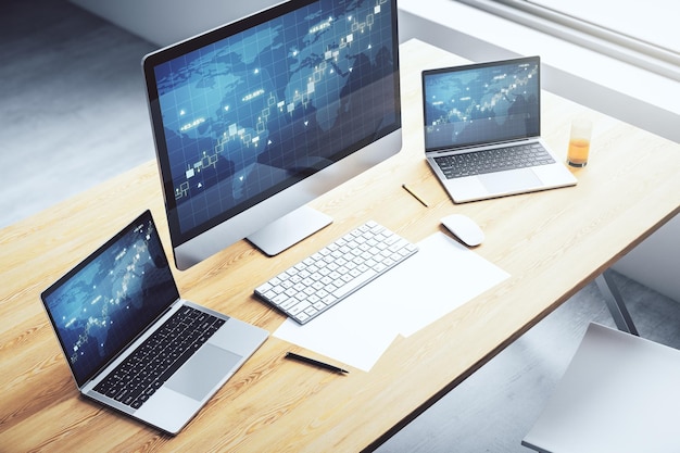 Abstract creative financial graph with world map on modern laptop monitor forex and investment concept 3D Rendering