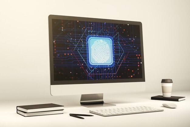 Abstract creative fingerprint illustration on modern laptop monitor digital access concept 3D Rendering