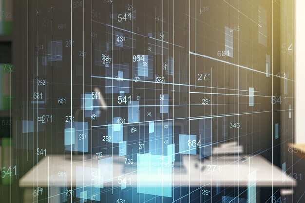 abstract creative stats data concept and modern desktop with computer on background multiexposure