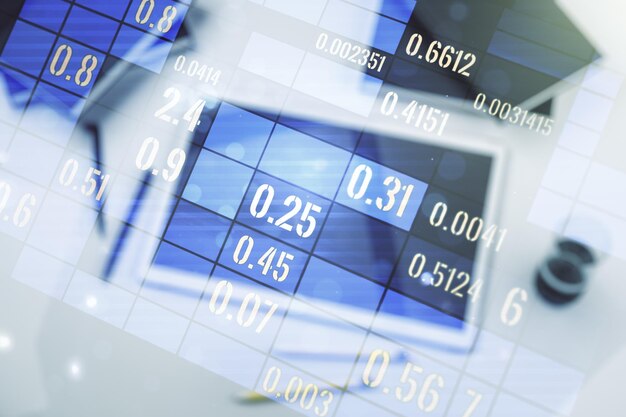 Abstract creative stats data concept and modern digital tablet on background top view Multiexposure