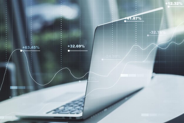 Abstract creative stats data concept on modern laptop background Multiexposure