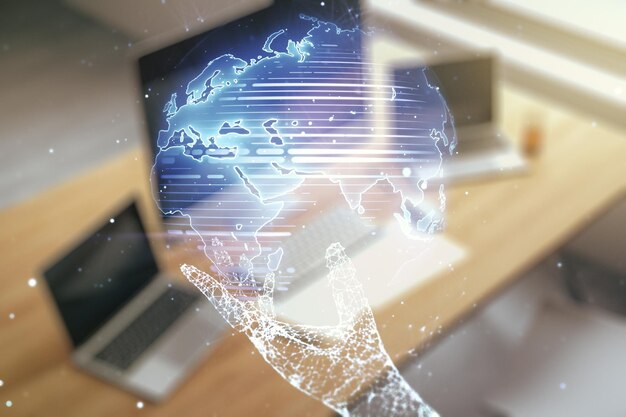abstract creative world map and modern desktop with computer on background international trading concept multiexposure