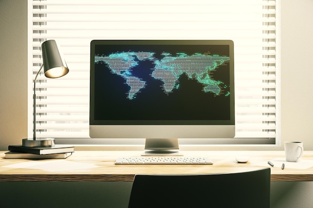 Abstract creative world map on modern laptop screen international trading concept 3D Rendering